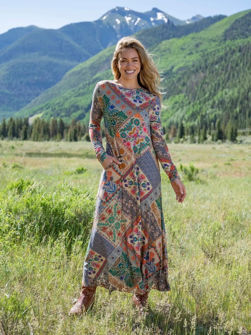 Natural Life Stevie Knit Maxi Dress Mandala Folk Patchwork Size XLarge Boho